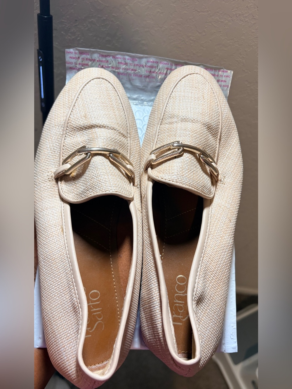 Franco Sarto Cream Woven Slip-On Loafers with Gold Bit